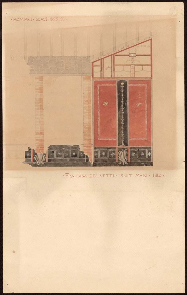 VI.15.1 Pompeii. 
Painting by Harald Harppth (1866-1900) showing the west wall of the small peristyle/garden "s" at the north end. 
Photo © Danmarks Kunstbibliotek inv. no ark_17516c.


