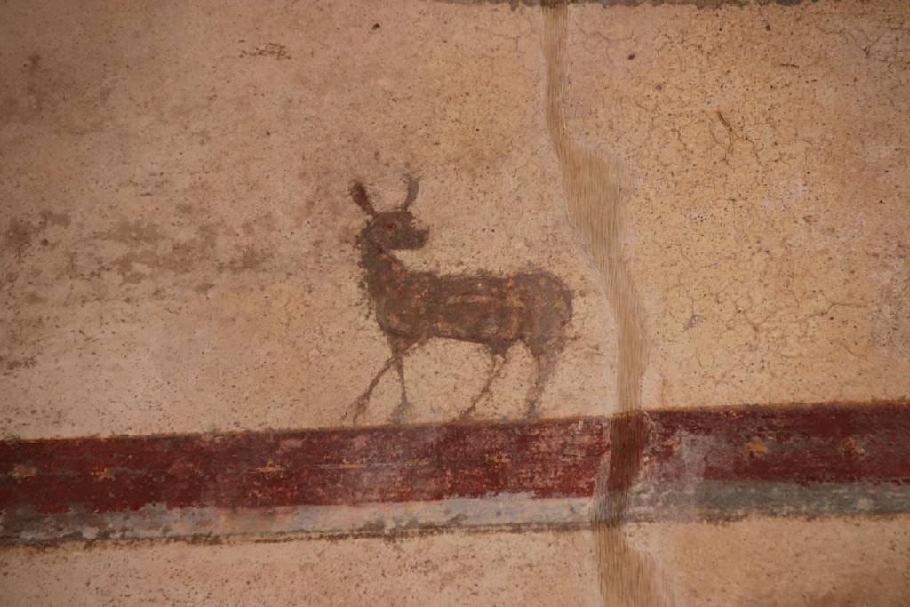 VI.15.1 Pompeii. October 2023. Small courtyard “s”, detail from upper east wall in north-east corner. Photo courtesy of Klaus Heese.