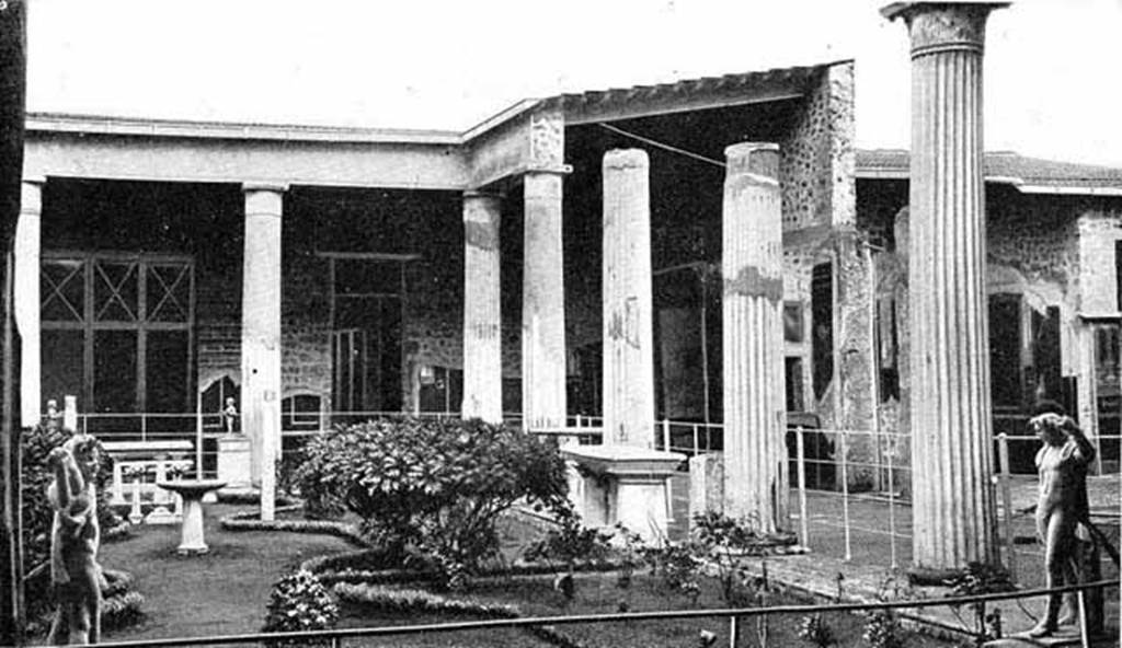 VI.15.1 Pompeii. Early 1900s? Peristyle garden, looking north-east. Photo courtesy of Rick Bauer.
The marble statue of Bacchus can be seen in the lower right corner, seen with a left arm above the elbow.

