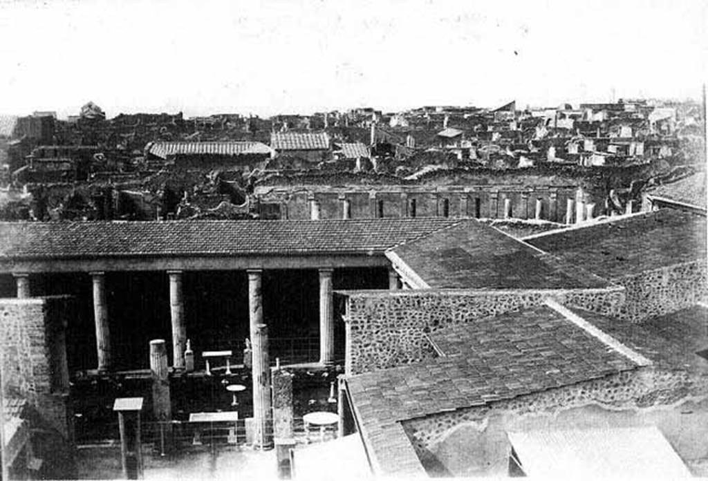 VI.15.1 Pompeii. Early 1900s? Peristyle garden, looking west from above atrium. 
The north peristyle roof has been reconstructed and the lararium is covered over.
Photo courtesy of Rick Bauer.
