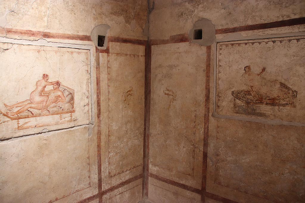 VI.15.1 Pompeii. October 2024. Cubiculum (x’), west wall, north-west corner and north wall. Photo courtesy of Klaus Heese.